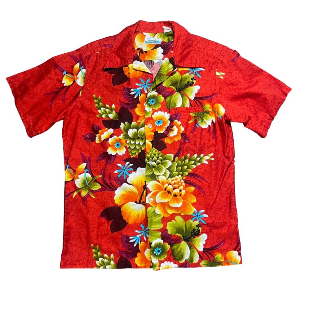 vintage Penneys Hawaii Shirt red Floral Print Hawaiian M L 42" chest 70s 60s